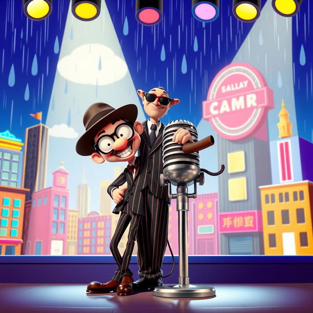 A whimsical cartoon scene depicting two animated characters inspired by gangsters on a colorful stage