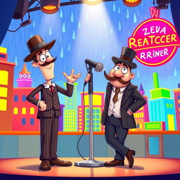 A whimsical cartoon scene depicting two animated characters inspired by gangsters on a colorful stage