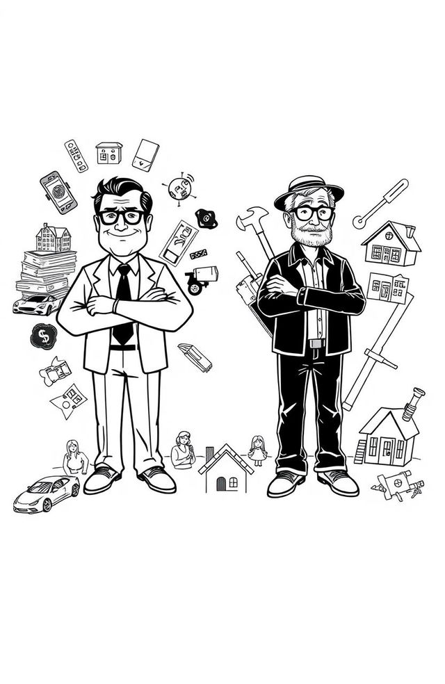 A visually striking black and white illustration representing the contrasting philosophies of 'Rich Dad' and 'Poor Dad'