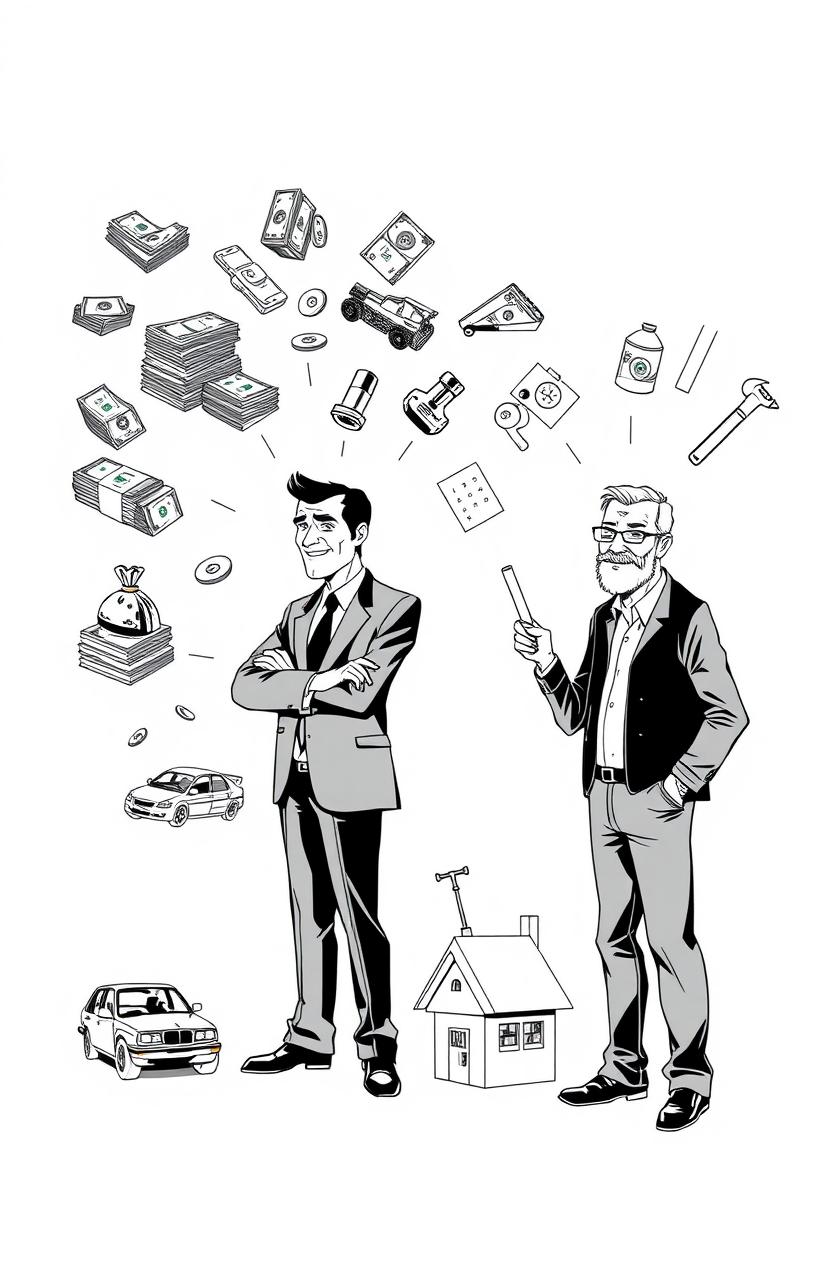 A visually striking black and white illustration representing the contrasting philosophies of 'Rich Dad' and 'Poor Dad'