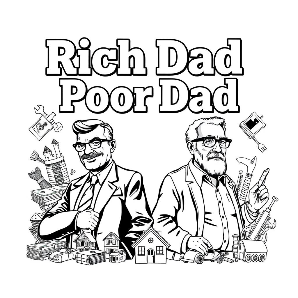 A visually striking black and white illustration inspired by 'Rich Dad Poor Dad', highlighting the contrasting philosophies of the two dads