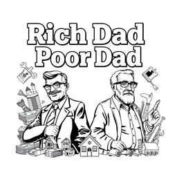 A visually striking black and white illustration inspired by 'Rich Dad Poor Dad', highlighting the contrasting philosophies of the two dads