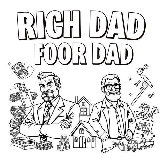 A visually striking black and white illustration inspired by 'Rich Dad Poor Dad', highlighting the contrasting philosophies of the two dads