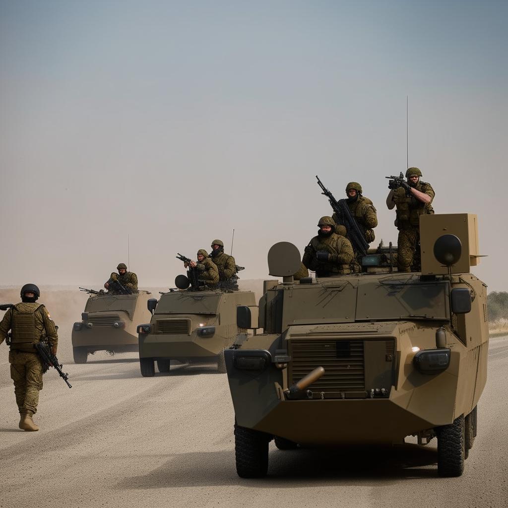 2 armored vehicles on a one-lane freeway followed by 10 combatants in military fatigue, armed with assault rifles, missile launcher and radio