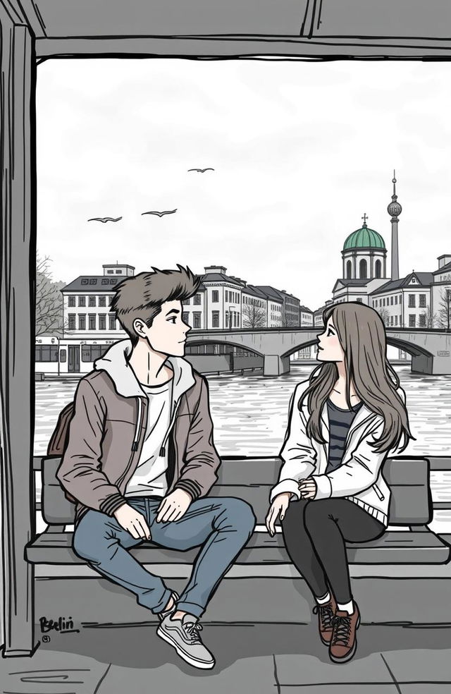 A sketchy style illustration of a young man and a young woman sitting at a bus stop, engaged in a conversation