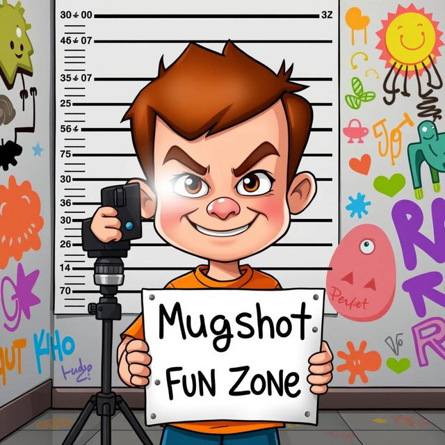 A humorous cartoon scene of a kid with an oversized head taking a playful mugshot