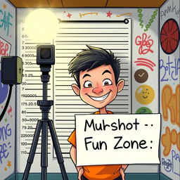 A humorous cartoon scene of a kid with an oversized head taking a playful mugshot