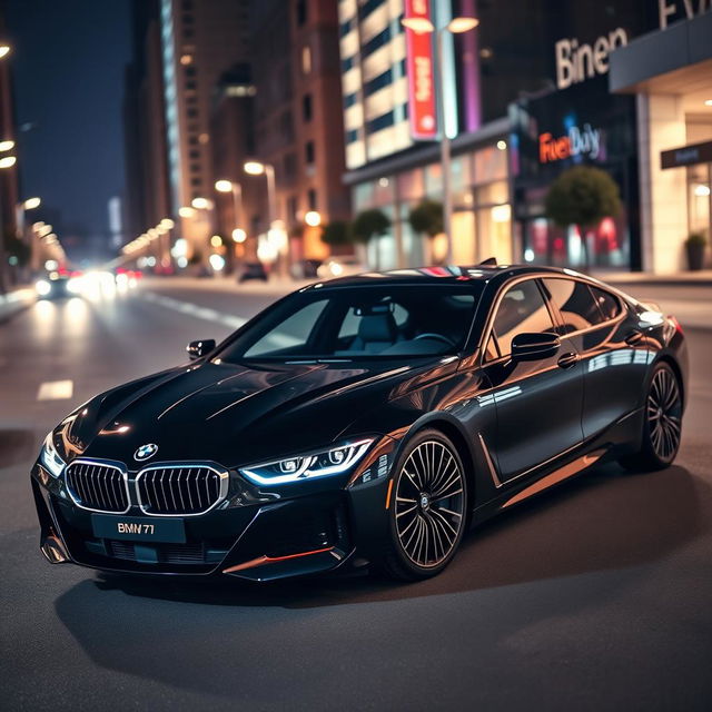 a sleek black BMW i7, showcasing its luxurious design, with an elegant silhouette and modern features, parked in a stylish urban environment, surrounded by colorful city lights at night, reflecting off the car's polished surface, capturing the essence of sophistication and power