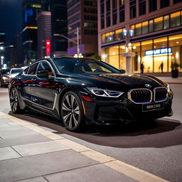 a sleek black BMW i7, showcasing its luxurious design, with an elegant silhouette and modern features, parked in a stylish urban environment, surrounded by colorful city lights at night, reflecting off the car's polished surface, capturing the essence of sophistication and power