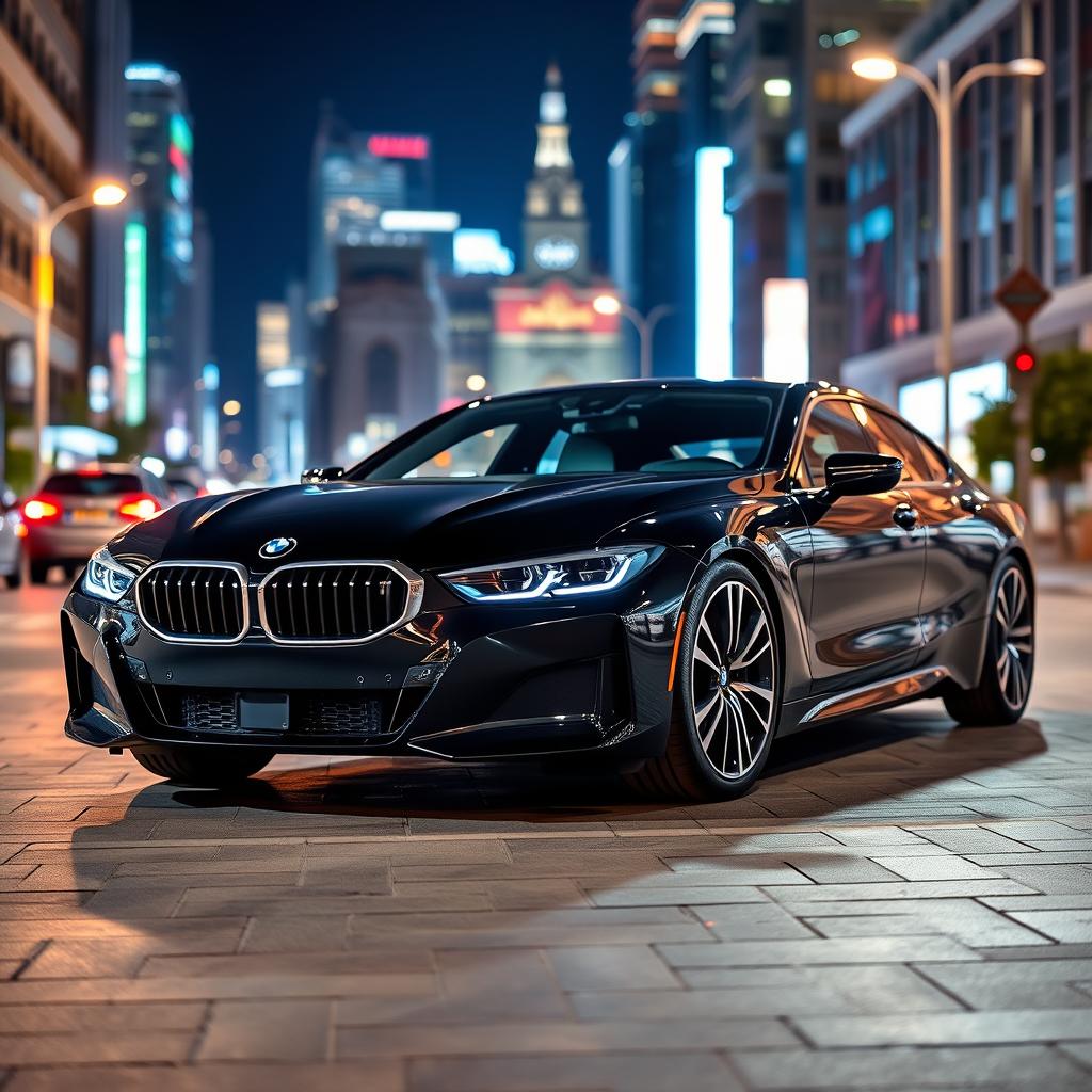 a sleek black BMW i7, showcasing its luxurious design, with an elegant silhouette and modern features, parked in a stylish urban environment, surrounded by colorful city lights at night, reflecting off the car's polished surface, capturing the essence of sophistication and power