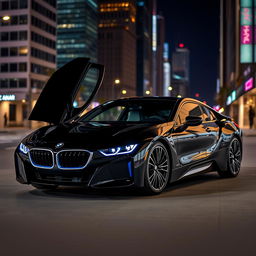 a sleek black BMW i7, showcasing its luxurious design, with an elegant silhouette and modern features, parked in a stylish urban environment, surrounded by colorful city lights at night, reflecting off the car's polished surface, capturing the essence of sophistication and power