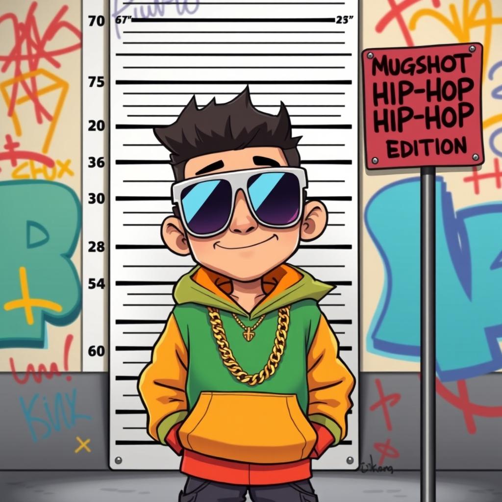 A humorous cartoon scene featuring a kid with an oversized head, styled like a rapper and gangster, taking a playful mugshot