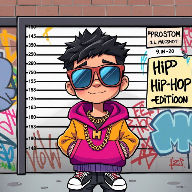 A humorous cartoon scene featuring a kid with an oversized head, styled like a rapper and gangster, taking a playful mugshot