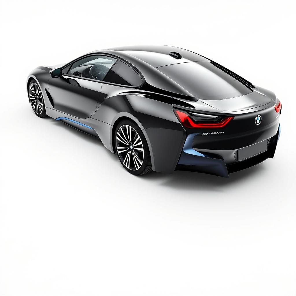 a stunning black BMW i7 showcased from a side angle, prominently displayed against a completely white background, emphasizing the car's sleek lines and modern design, highlighting the glossy finish and luxurious details, with sharp reflections on the surface, creating a minimalist and elegant presentation