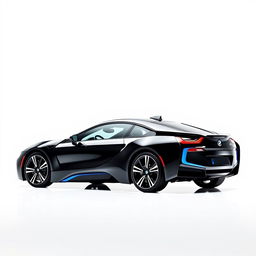 a stunning black BMW i7 showcased from a side angle, prominently displayed against a completely white background, emphasizing the car's sleek lines and modern design, highlighting the glossy finish and luxurious details, with sharp reflections on the surface, creating a minimalist and elegant presentation