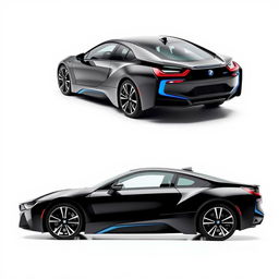 a stunning black BMW i7 showcased from a side angle, prominently displayed against a completely white background, emphasizing the car's sleek lines and modern design, highlighting the glossy finish and luxurious details, with sharp reflections on the surface, creating a minimalist and elegant presentation