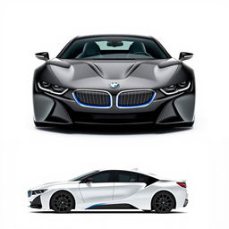 a striking black BMW i7 presented from both the front and side angles on a completely white background, showcasing its luxurious and modern design, with a focus on the distinctive grille and sleek profile, highlighting the glossy finish and sophisticated details, creating a clean and minimalist aesthetic that emphasizes the vehicle's elegance
