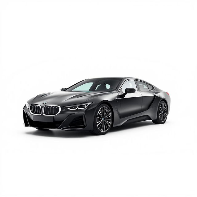 a striking black BMW i7 presented from both the front and side angles on a completely white background, showcasing its luxurious and modern design, with a focus on the distinctive grille and sleek profile, highlighting the glossy finish and sophisticated details, creating a clean and minimalist aesthetic that emphasizes the vehicle's elegance