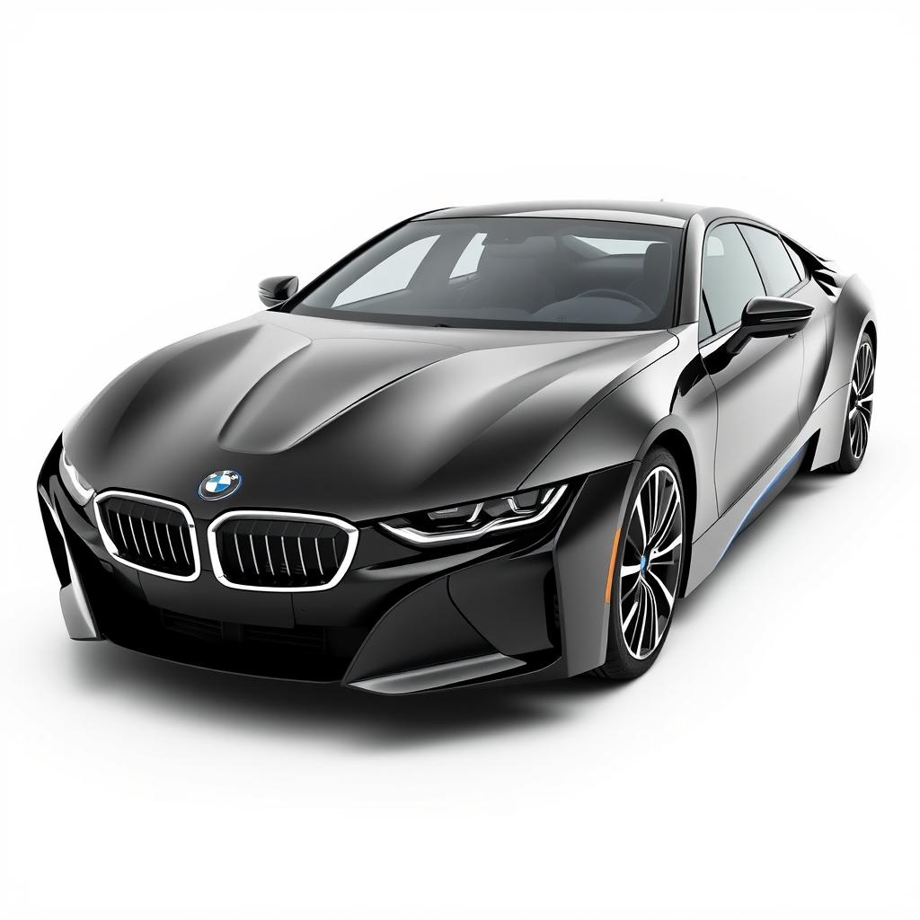 a striking black BMW i7 presented from both the front and side angles on a completely white background, showcasing its luxurious and modern design, with a focus on the distinctive grille and sleek profile, highlighting the glossy finish and sophisticated details, creating a clean and minimalist aesthetic that emphasizes the vehicle's elegance