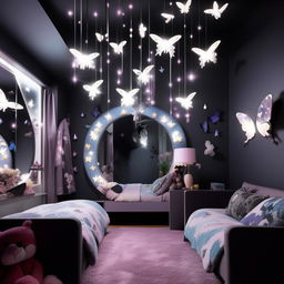 Design an edgy, youthful room befitting an 18-year-old tomboy and girly-girl hybrid. Incorporate black, blue, purple, grey, and white lighting fixtures in the shape of moons, stars, and butterflies. Blend the Sanatan theme with elements of anime and Korean drama culture. Complete with a butterfly mirror wall decor.