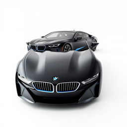 a striking black BMW i7 presented from both the front and side angles on a completely white background, showcasing its luxurious and modern design, with a focus on the distinctive grille and sleek profile, highlighting the glossy finish and sophisticated details, creating a clean and minimalist aesthetic that emphasizes the vehicle's elegance