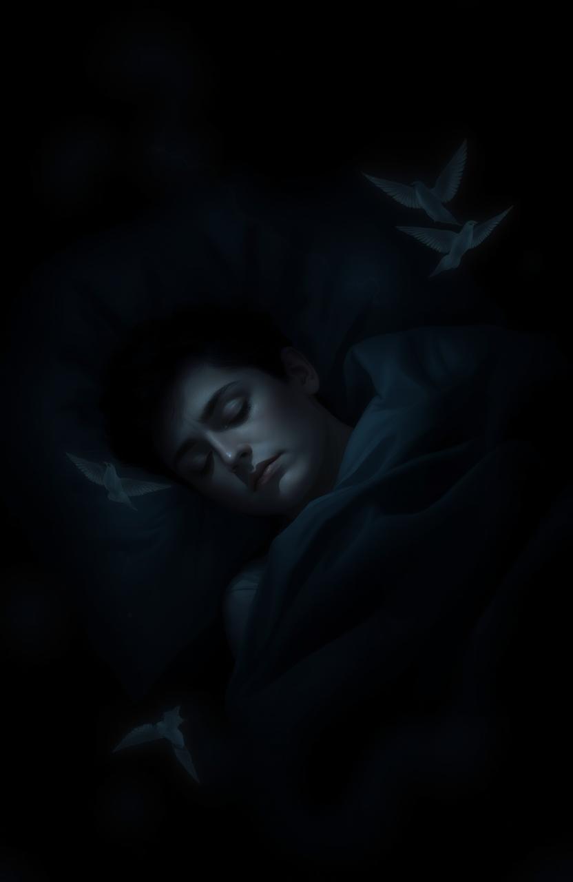 A person sleeping peacefully in a dark room, surrounded by shadows that evoke an atmosphere of mystery and unease