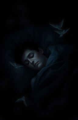 A person sleeping peacefully in a dark room, surrounded by shadows that evoke an atmosphere of mystery and unease