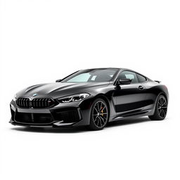 a striking black BMW M8 showcased from both the front and side angles on a completely white background, highlighting its muscular stance and aggressive design, with sharp lines and bold features that emphasize its sporty character, including the signature kidney grille and aerodynamic profile, creating a clean and minimalist aesthetic that captures the car's performance-oriented nature