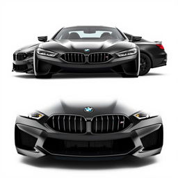 a striking black BMW M8 showcased from both the front and side angles on a completely white background, highlighting its muscular stance and aggressive design, with sharp lines and bold features that emphasize its sporty character, including the signature kidney grille and aerodynamic profile, creating a clean and minimalist aesthetic that captures the car's performance-oriented nature