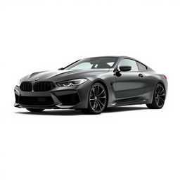 a striking black BMW M8 showcased from both the front and side angles on a completely white background, highlighting its muscular stance and aggressive design, with sharp lines and bold features that emphasize its sporty character, including the signature kidney grille and aerodynamic profile, creating a clean and minimalist aesthetic that captures the car's performance-oriented nature