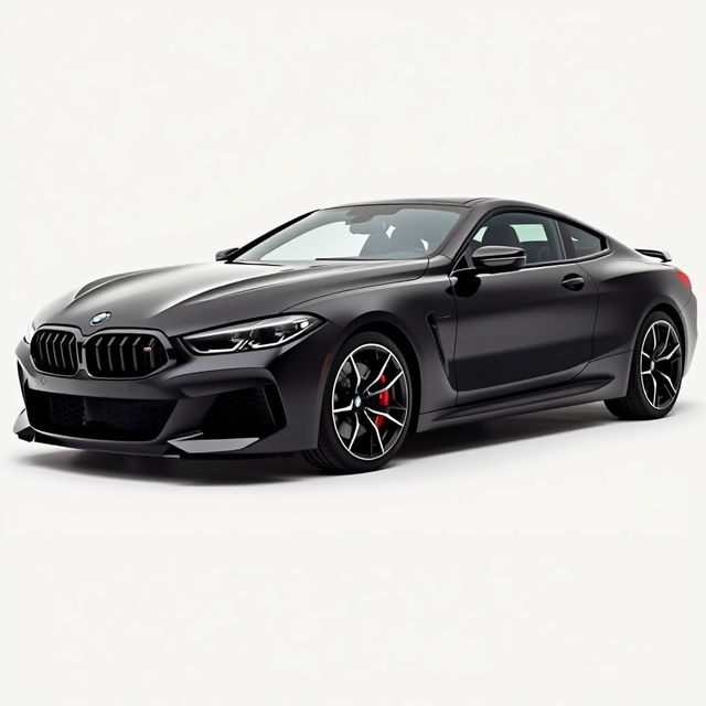 a striking black BMW M8 showcased from both the front and side angles on a completely white background, highlighting its muscular stance and aggressive design, with sharp lines and bold features that emphasize its sporty character, including the signature kidney grille and aerodynamic profile, creating a clean and minimalist aesthetic that captures the car's performance-oriented nature