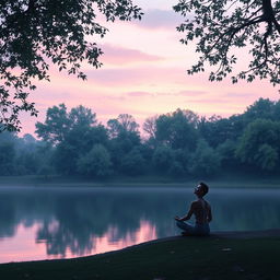 A serene and tranquil scene titled 'Lost in Silence', depicting a peaceful landscape at twilight