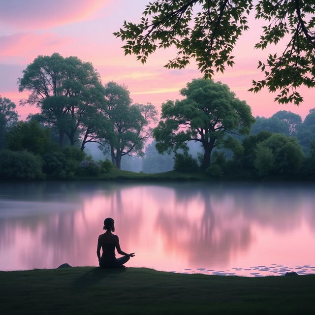 A serene and tranquil scene titled 'Lost in Silence', depicting a peaceful landscape at twilight