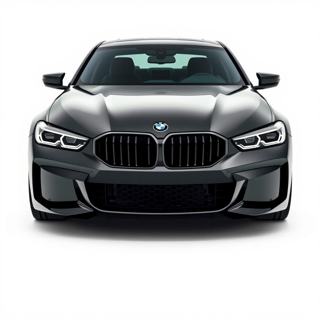 a bold black BMW XM depicted from both the front and side angles on a completely white background, showcasing its aggressive and sporty design, with a prominent kidney grille, muscular body lines, and distinctive headlights, emphasizing the car's commanding presence and luxurious finishing touches, creating a clean and minimalist aesthetic that highlights the vehicle's performance and elegance