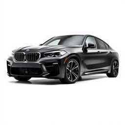 a bold black BMW XM depicted from both the front and side angles on a completely white background, showcasing its aggressive and sporty design, with a prominent kidney grille, muscular body lines, and distinctive headlights, emphasizing the car's commanding presence and luxurious finishing touches, creating a clean and minimalist aesthetic that highlights the vehicle's performance and elegance