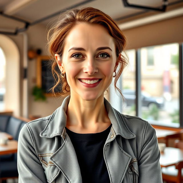 A full-length photograph of a woman aged between 30 to 45 years with a natural appearance, featuring minimal makeup and well-groomed hair