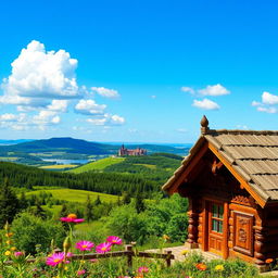 A scenic view of Belarus showcasing its diverse landscapes, featuring lush green forests, rolling hills, and picturesque lakes