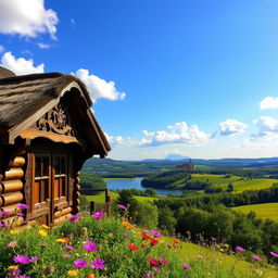 A scenic view of Belarus showcasing its diverse landscapes, featuring lush green forests, rolling hills, and picturesque lakes