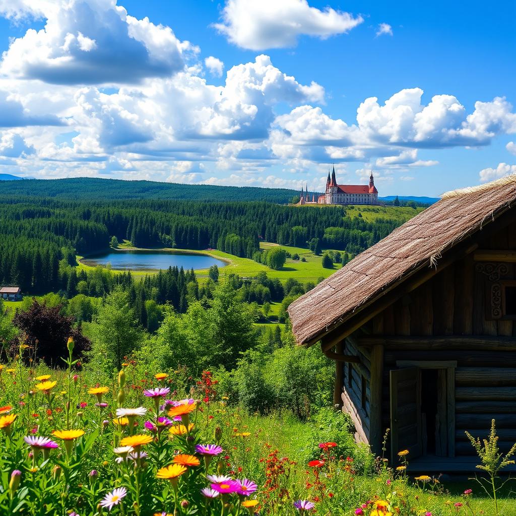 A scenic view of Belarus showcasing its diverse landscapes, featuring lush green forests, rolling hills, and picturesque lakes