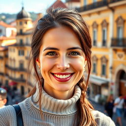 A 35-year-old Italian woman with small freckles, a well-groomed appearance, and a playful smile