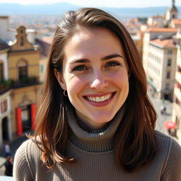 A 35-year-old Italian woman with small freckles, a well-groomed appearance, and a playful smile