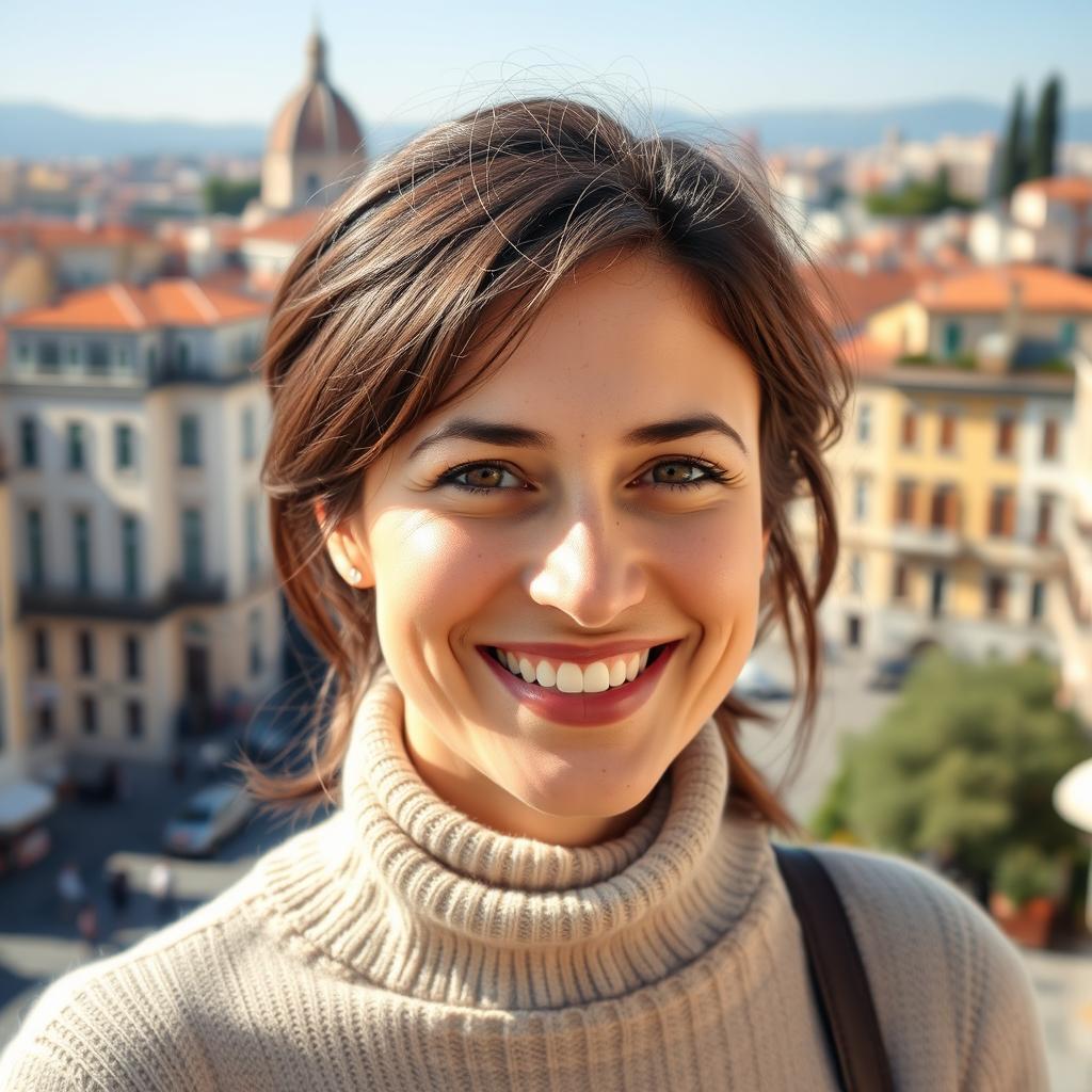 A 35-year-old Italian woman with small freckles, a well-groomed appearance, and a playful smile