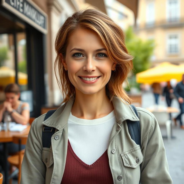 A full-length photograph of a woman aged between 30 to 45 years with a natural appearance, featuring minimal makeup and well-groomed hair