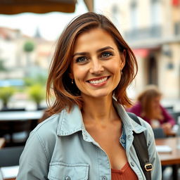 A full-length photograph of a woman aged between 30 to 45 years with a natural appearance, featuring minimal makeup and well-groomed hair