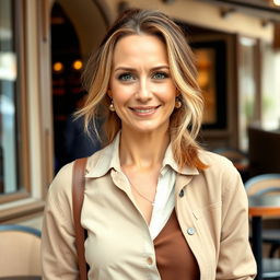 A full-length photograph of a woman aged between 30 to 45 years with a natural appearance, featuring minimal makeup and well-groomed hair