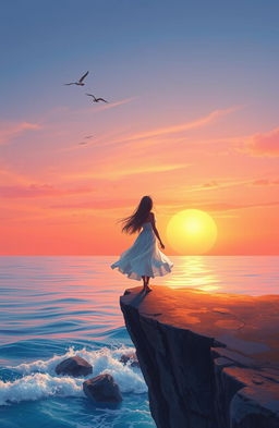 A serene landscape depicting a person standing on a windswept cliff, gazing at a beautiful sunset over a calm ocean, symbolizing hope and new beginnings