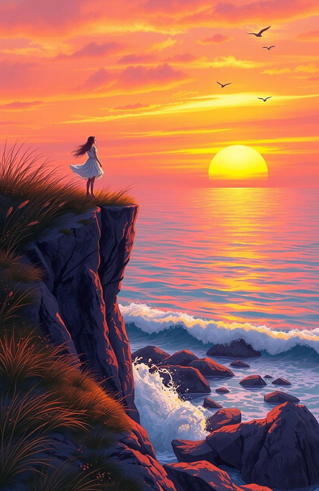 A serene landscape depicting a person standing on a windswept cliff, gazing at a beautiful sunset over a calm ocean, symbolizing hope and new beginnings