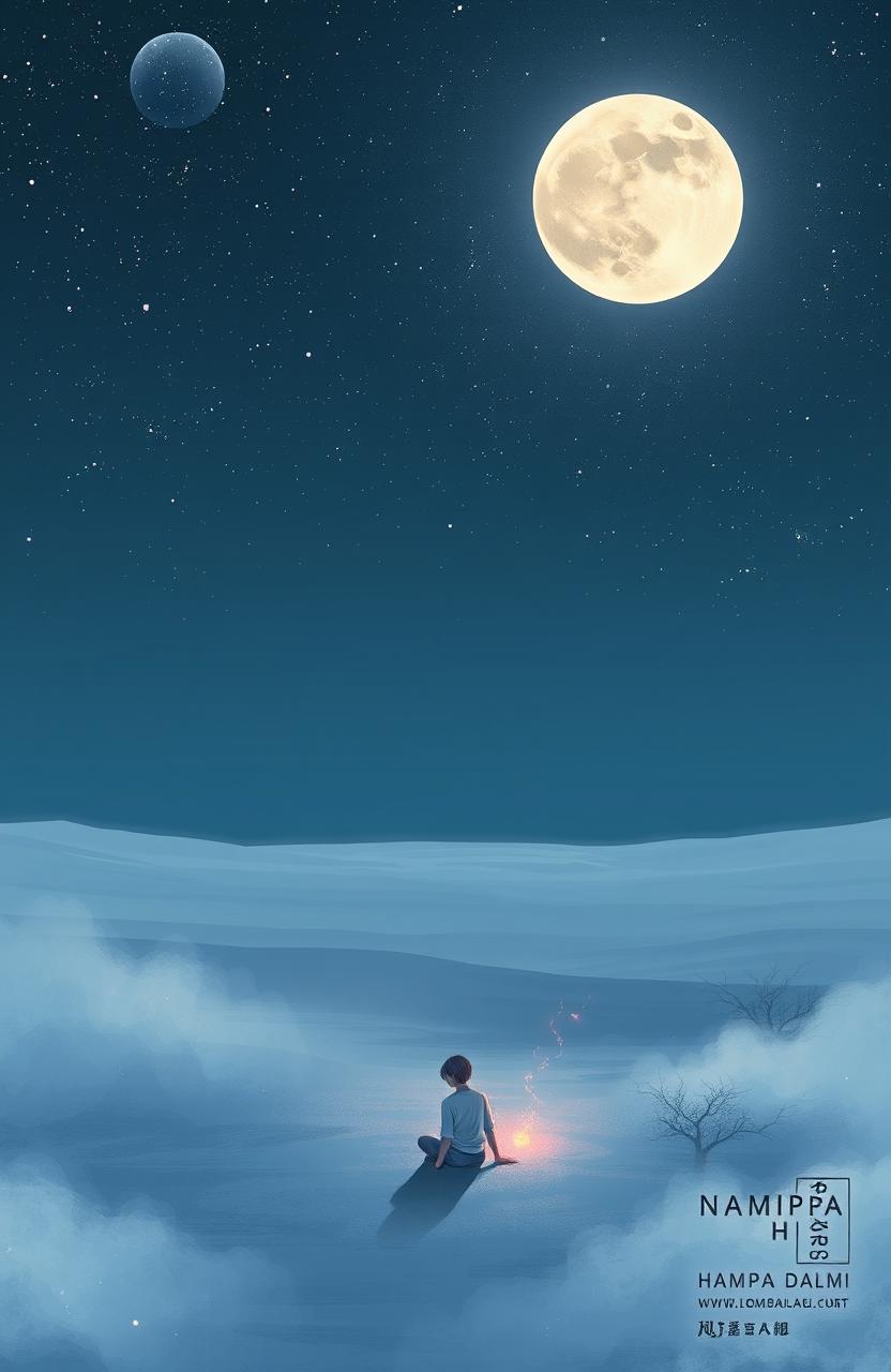 A surreal and dreamlike illustration inspired by the book title 'Hampa Dalam Mimpi', featuring a vast, empty landscape that conveys a sense of loneliness and introspection