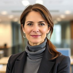 A 45-year-old Italian woman with brunette hair and a well-groomed appearance, wearing a serious smile