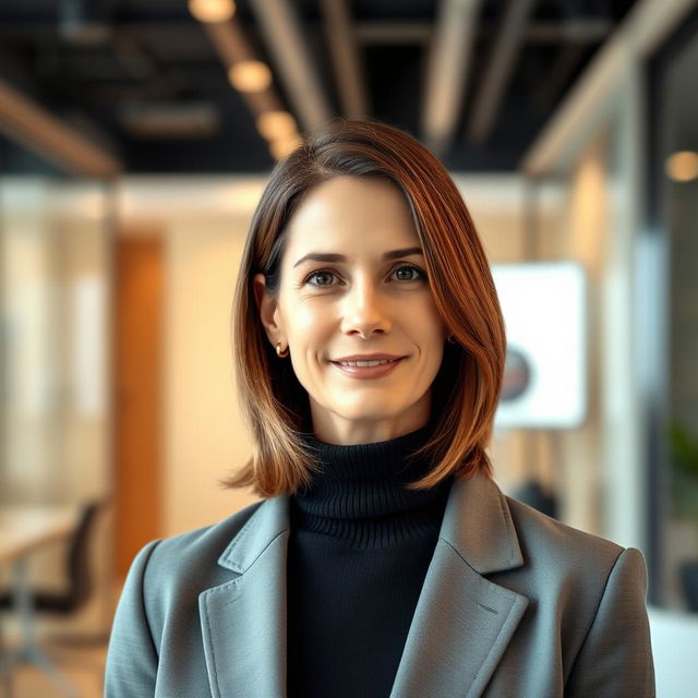 A 45-year-old Italian woman with brunette hair and a well-groomed appearance, wearing a serious smile